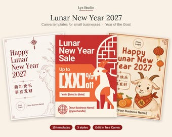 Lunar New Year 2027 Canva Templates | Year of the Goat Instagram Post Bundle | CNY Small Business Sale, Holiday Closing Notice | 3 Styles