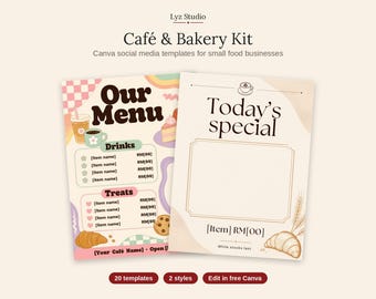 Cafe & Bakery Canva Templates | Instagram Post Bundle for Small Food Business | Menu, Price List, Promo, Opening Hours | 20 Templates