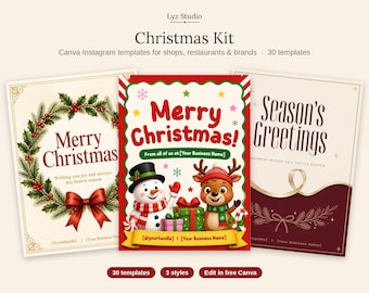 Christmas Instagram Templates | Canva Holiday Post Bundle | Small Business, Restaurant, Corporate | Xmas Sale, Menu | 30 Templates 3 Styles