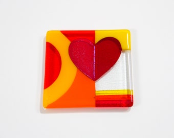 Valentines day love heart coaster in fused glass. Glass gift for him. Red stained glass coaster, unique gift for wife, girlfriend, boyfriend