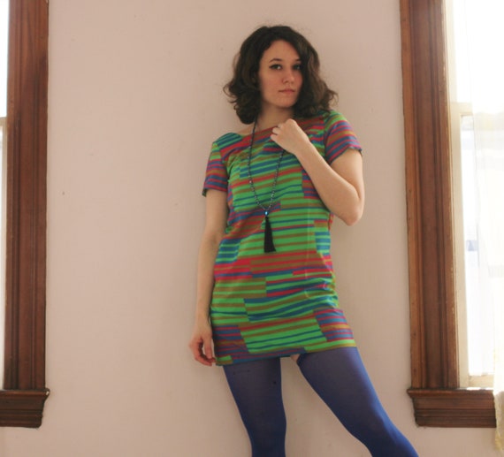 1960's Striped Rainbow Mini Mod Psych Dress