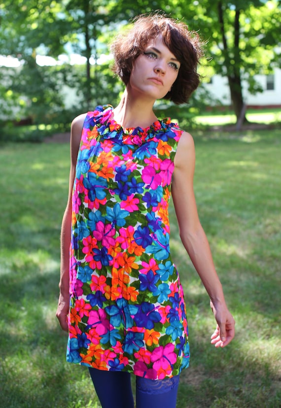 Vintage 60's 70's Neon Flower Power Mini Dress