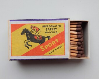 Vintage collectible matchbox, sport, soviet time made, original matches with brown heads inside, regular safety matches
