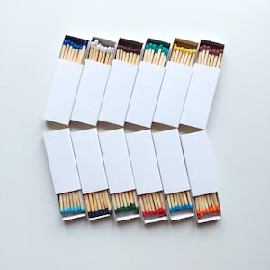 Op de afbeelding: Tien witte luciferdoosjes met kleurrijke luciferkopjes. De luciferdoosjes zijn gerangschikt in twee rijen van vijf. De luciferkopjes zijn rood, oranje, geel, groen, blauw en paars.