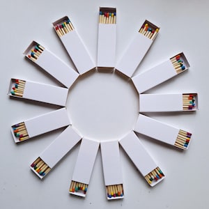10/25/50/100 white matchboxes striker from one side, wooden matches inside, handpicked, natural sticks, colorful heads