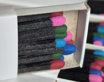 White Matchboxes with Wooden black stick matches, multicolor heads (2.2")