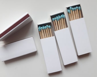 10/25/50/100 Plain white tiny matchboxes, striker from one side, wooden matches inside, handpicked, natural wooden sticks, baby blue heads