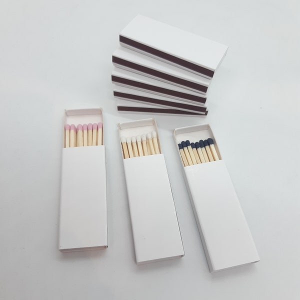 10/25/50/100 Plain white tiny matchboxes, striker from one side, wooden matches inside, handpicked, natural wooden sticks, colorful heads