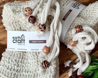 Natural Soap Saver Bags (Set of 5) - Exfoliating, Reusable Bath Pouches with Wood Beads