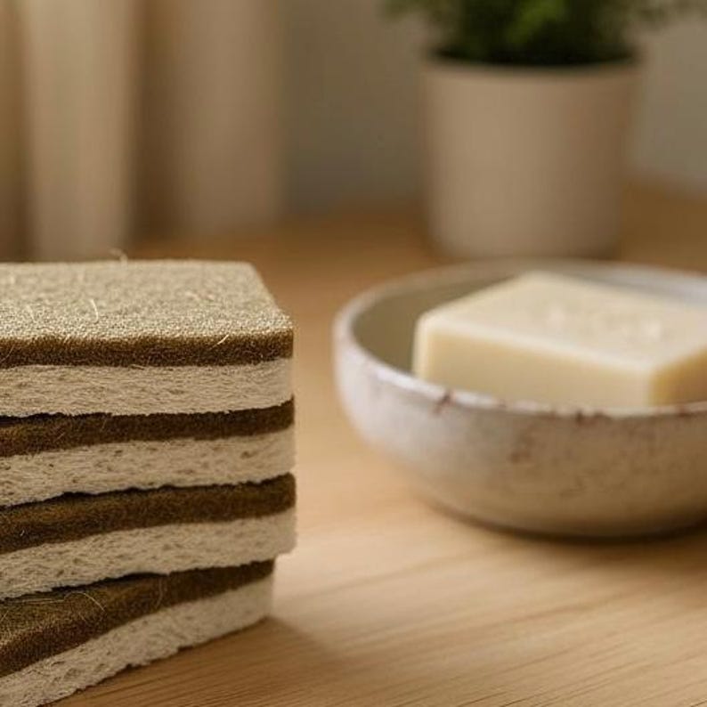 May include: A stack of square, eco-friendly cleaning sponges with a textured, brown top layer and a white, absorbent base. A bar of soap sits in a small, ceramic bowl. The scene is set on a wooden surface, suggesting a focus on natural home goods.