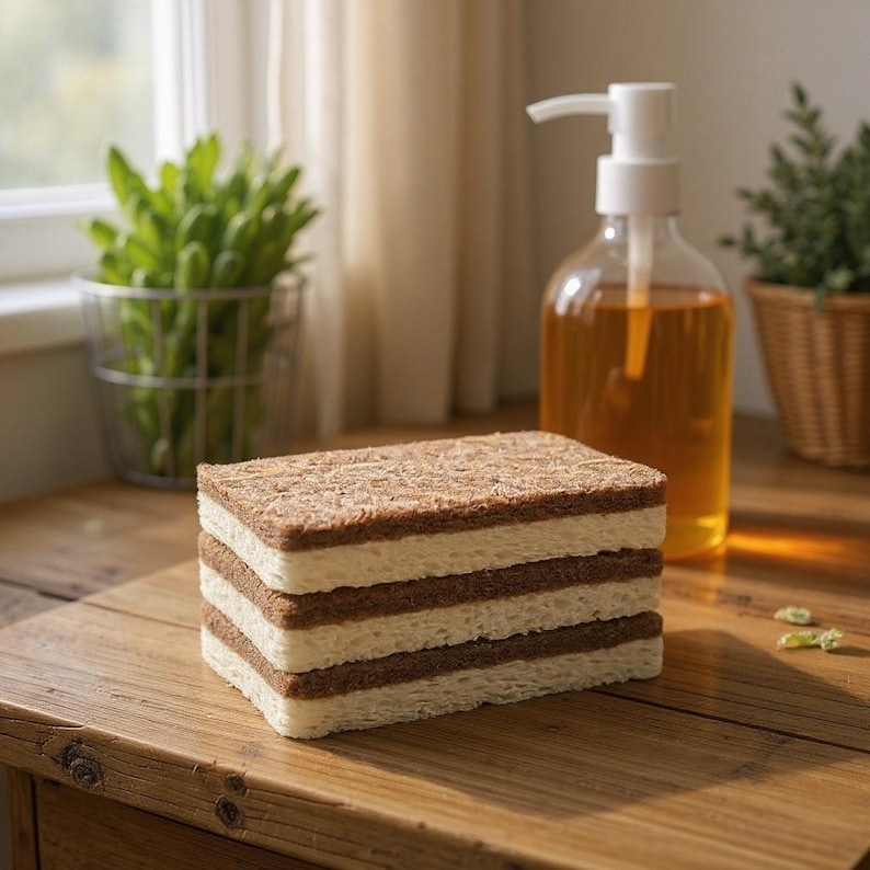 May include: A stack of four rectangular, layered sponges with alternating brown and cream-colored sections. A clear bottle with a white pump dispenser and amber liquid sits behind the sponges. The scene is set on a wooden surface.