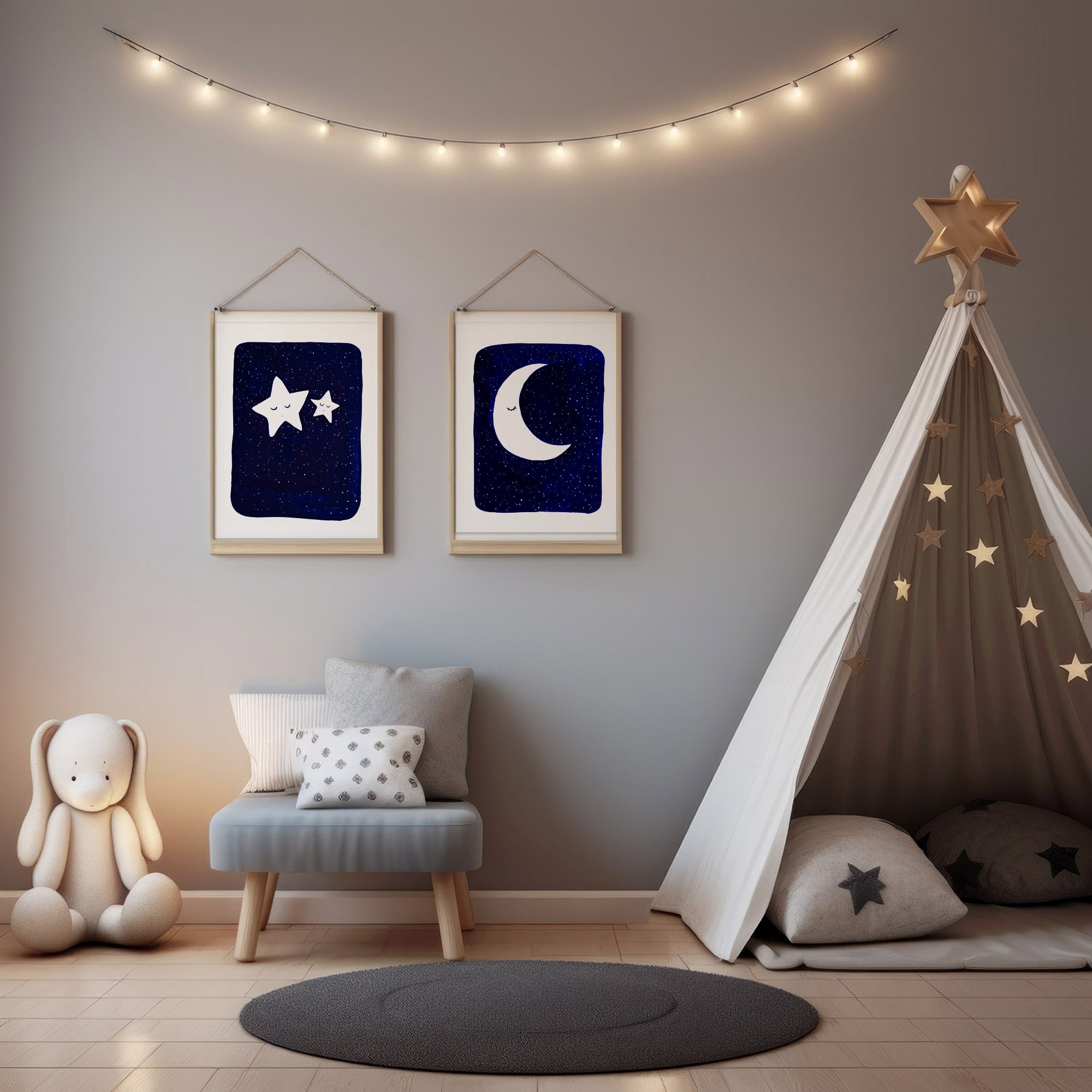 Hand-painted Starry Night Moon and Stars | Kids Wall Art | Nursery ...