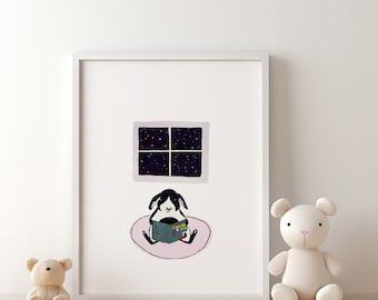 Whimsical Hand Painted Nursery Wall Art | Reading Bunny Rabbit | Kid's Room Decor