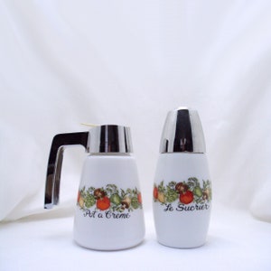 Gemco Milk Glass Sugar Shaker and Pitcher Fruit and Vegetable Pattern