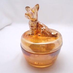 Scottie Dog Powder Jar, Vanity Jar, Trinket Box, Carnival Glass