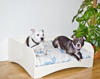 Large luxury wooden dog bed with wool mattress