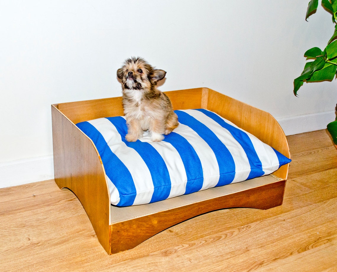 Wooden Dog Bed With 100 Pure Wool Mattress Ticking Stripe Etsy