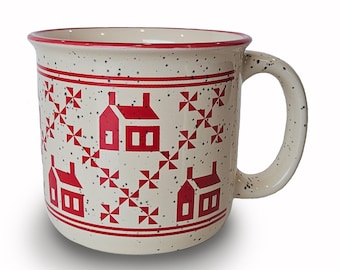 Schoolhouse Quilt Mug - red and white quilt design of pinwheel and red schoolhouse, on a ceramic mug as a gift for quilters