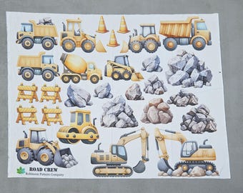 Panel de tela de construcción de 48x56" – Panuray Road Crew Trucks & Rocks – Panel para colcha de cortar y coser - Colchas infantiles - Bulldozer, camión volquete, excavadora