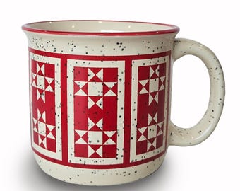 Twin Sisters Quilt Mug - red and white quilt design of two Ohio Star quilt blocks on a ceramic mug as a gift for quilters