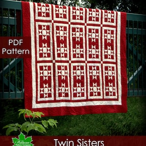 May include: A red and white quilt pattern with a star design. The quilt is hanging on a green fence with the text "PDF Pattern" and "Twin Sisters" visible.