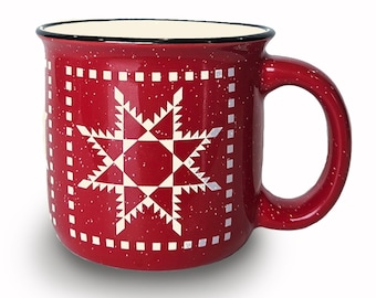 Feathered Star Quilt Mug - red and white quilt design of a Feathered Star on a ceramic mug as a gift for quilters
