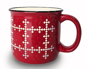 Red Quilt Mug – Double Nine Patch Pattern Coffee Cup, Quilting Gift for Quilters, Rustic Camper Style Mug, Patchwork Farmhouse Kitchen Mug