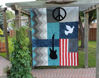 Summer of '69 quilt - double size masculine quilts for a retro musician