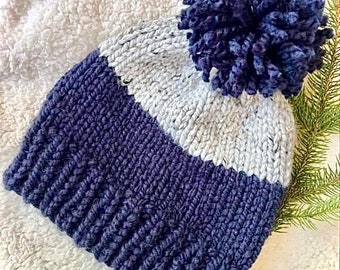 Two Tone Chunky Knit Wool Hat with Pom Pom