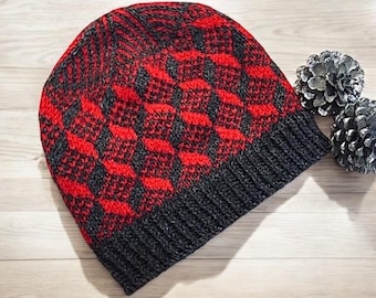 May include: A black and red knit beanie with a geometric pattern. The beanie is made of a soft, warm material and is perfect for cold weather.
