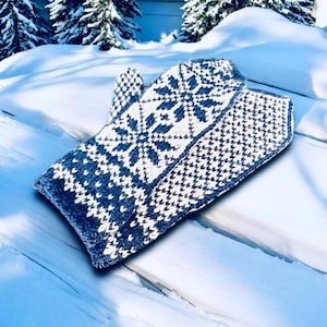 Peut inclure: Une mitaine tricotée bleue et blanche avec un motif de flocon de neige. La mitaine est posée sur une surface enneigée.