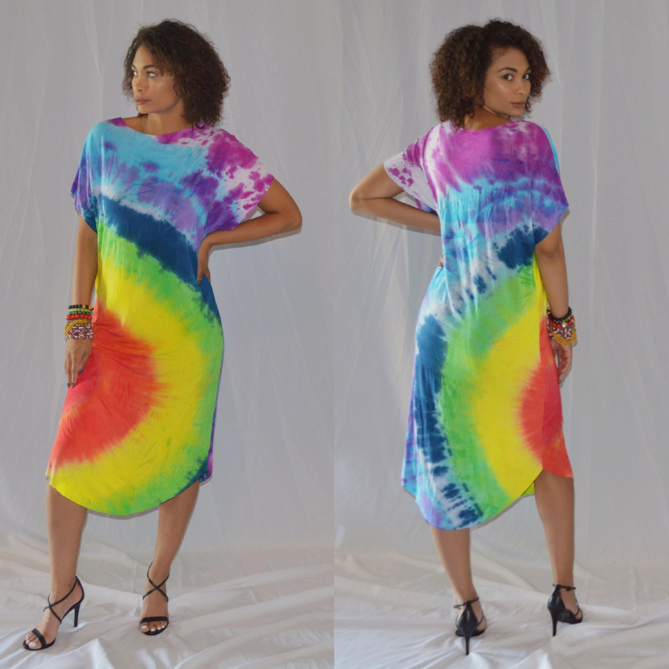 Women White Rainbow Print T-Shirt Dress