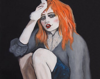 Giclee Print - Halloweeen - Oil Portrait Painting/ Pop Surrealism/ Gothic /Vampy/Vampire/Illustration/Art/Red Hair/Grey/Black/Orange/Lowbrow