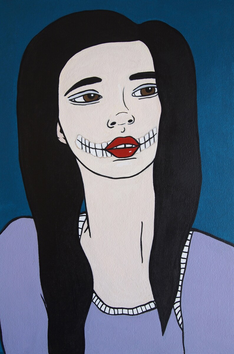 Skull Girl Giclee Print Acrylic Portrait Painting Pop Art SurrealismGothic Viva Los Muertos Dark HairBlackRed LilacPurpleBlue