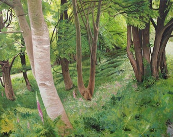 Giclee Fine Art Print - Luccombe Woods - Landscape Oil Painting Woods Trees Woodland Green Lush Foxgloves Calm Relaxed Serene Nature Gift