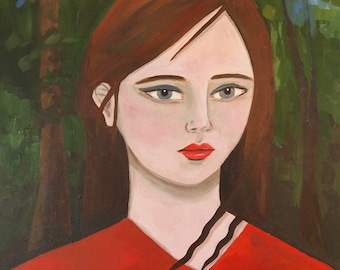 Giclee Print - Portrait in the Woods - Portrait Art /Painting/ Girl /Woman /Red /Green/ Trees /Forest /Nature /Illustration/ Beauty/ Lady