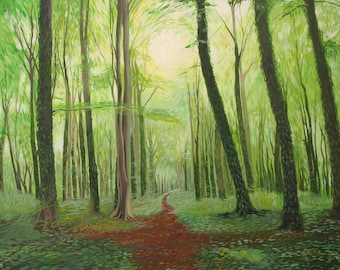 Giclee Print - Woodland Light - Forest /Oil Painting /Nature /Beauty /Green /Lush /Verdant/ Leaves/ Foliage /Summer /Yellow /Bright