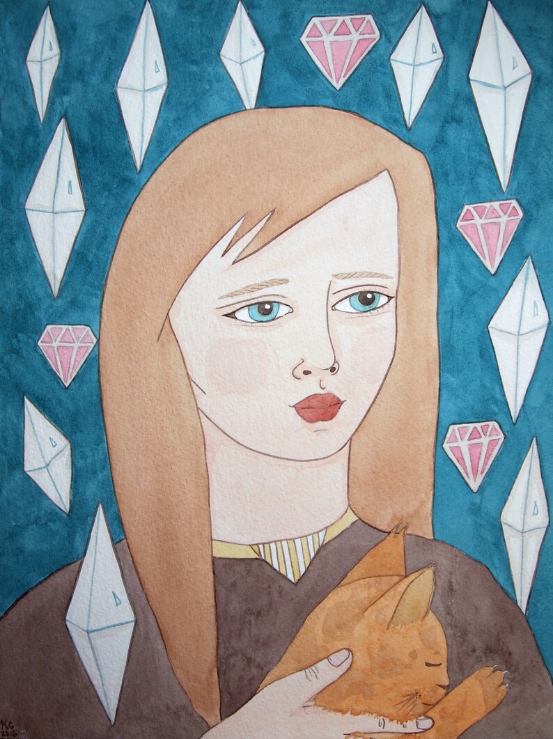 Giclee Print Gemstones & Cat Watercolour/Painting/Illustration/Art/Woman/Girl/Lady/Portrait/Geometric/Shapes/Blue/Pop Surrealism image 1