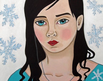 Giclee Print - Winter - Portrait Art | Painting | Girl | Woman | Blue | White | Snowflakes |Illustration|Christmas|Surreal|Dark Hair| Beauty