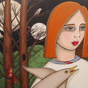 Moons - Giclee Print - Acrylic Painting/Pop surrealism/ Lowbrow Art/Illustration/ Portrait Art/Moon/Sun/Nature/Grass/ Birds/Imagination