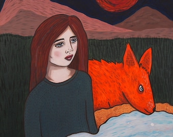 Giclee Print - Fox - Portrait Art /Painting/ Girl /Woman /Red /Green/ Trees /Forest /Nature /Illustration/Fox/Animal/Fantasy/Imaginary/Zelda
