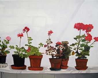 Giclee Print - Geraniums - Painting | Nature | Sun Room | Still Life | Flowers | Art Print Gift | Christmas Gift | Red | Potted Plants |