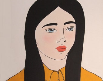 Giclee Print - Girl in a Mustard Shirt - Portraits /Surreal /Pop Art /Graphic/ Illustrative/ Fashion /Young Woman/ Yellow/ Black/Minimal