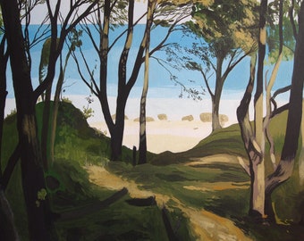 Giclee Print - Beach Trees - Landscape / Oil Painting /Trees /Green /Lush /Calm /Relaxed /Serene /Nature /Beach /Sand /Warm