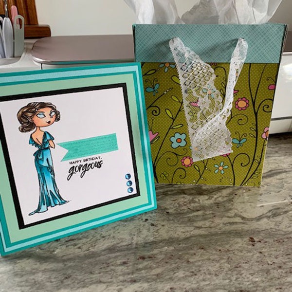 Gift bag and Card, Birthday Card, Glam Card, Hello Gorgeous Card, Girlfriend Card