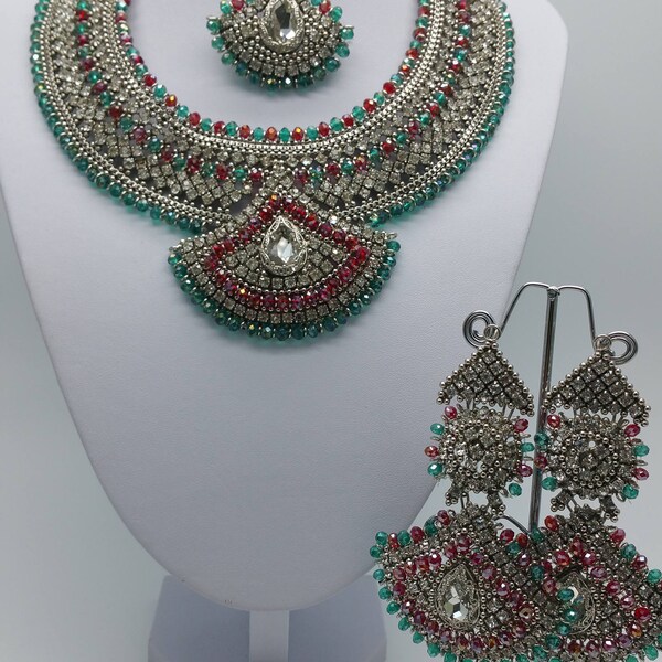 Pakistani Jewellery Handmade Delicate Silver Alloy and Rhinestones Bridal Set Red Clear Stones Beads - AQ 314