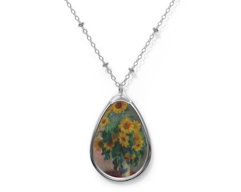 Claude Monet Sunflowers Art Necklace, Elegant Oval Pendant