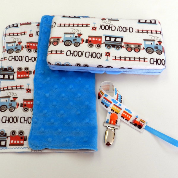 New Baby Boy Gift Set Baby boy shower gift,Trains Baby Boy Gift Set,Wipe Case,cuddly security blanket,and pacifier holder