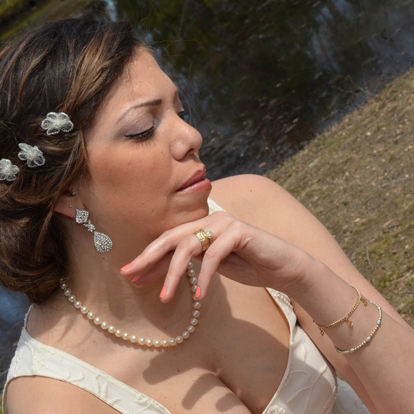 Wedding Flower girl Hair Flower with Crystals center bobby pin Ready to ship