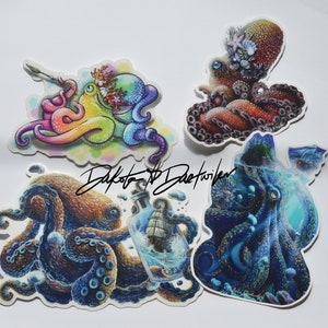 May include: Four colorful octopus stickers. One is rainbow-colored with a paintbrush, another is red and brown, a third has a ship in a bottle, and the last is blue. Each sticker has a unique design and is on a white background.